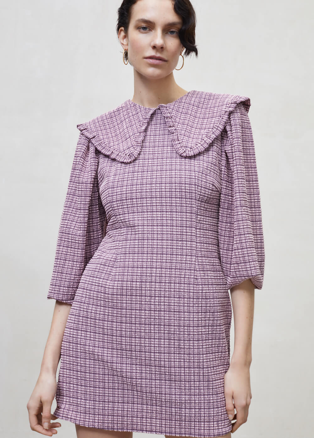 open lace back dress Large 90s Purple Gingham Floral Babydoll Dress – Flying Apple Vintage main image 1
