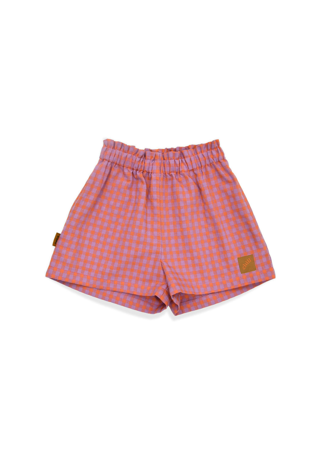 Girls checked shorts orange & lilac – lightweight OEKO-TEX cotton, elastic waist & pockets by Hebe | Mini Me | Milimilu HK SG AU