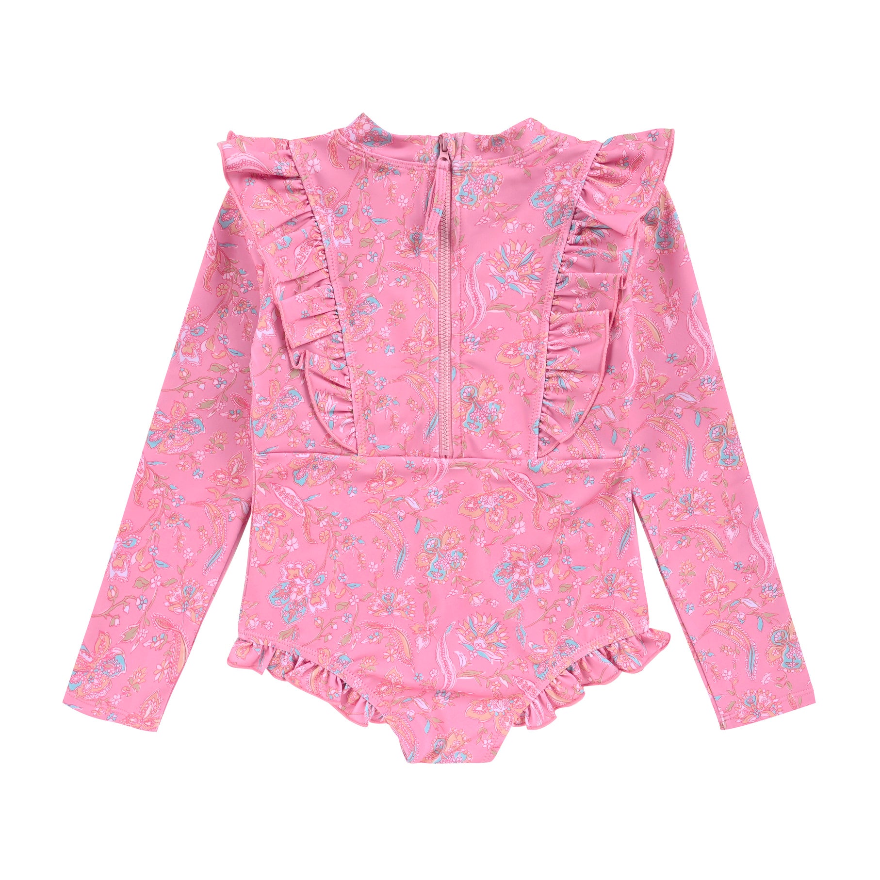 Sustainable girls swimsuit in pink flower pnrint. This girls long sleeve swimsuit is made from SPF 50 protective and recycled fabric designed by Louise Misha.