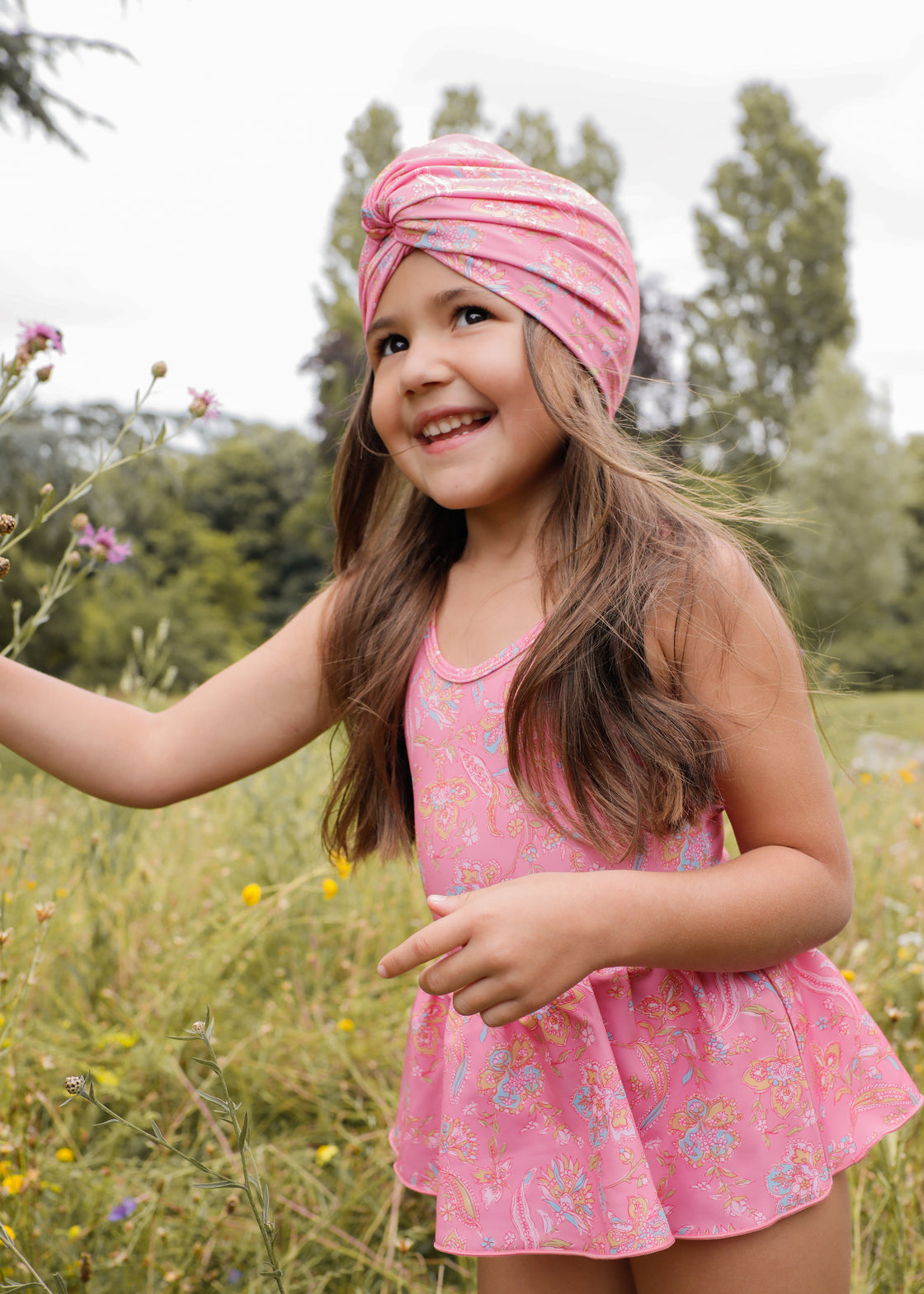 Girls turban swim cap in pink mallow print - sustainable summer hat for Hong Kong Singapore Australia