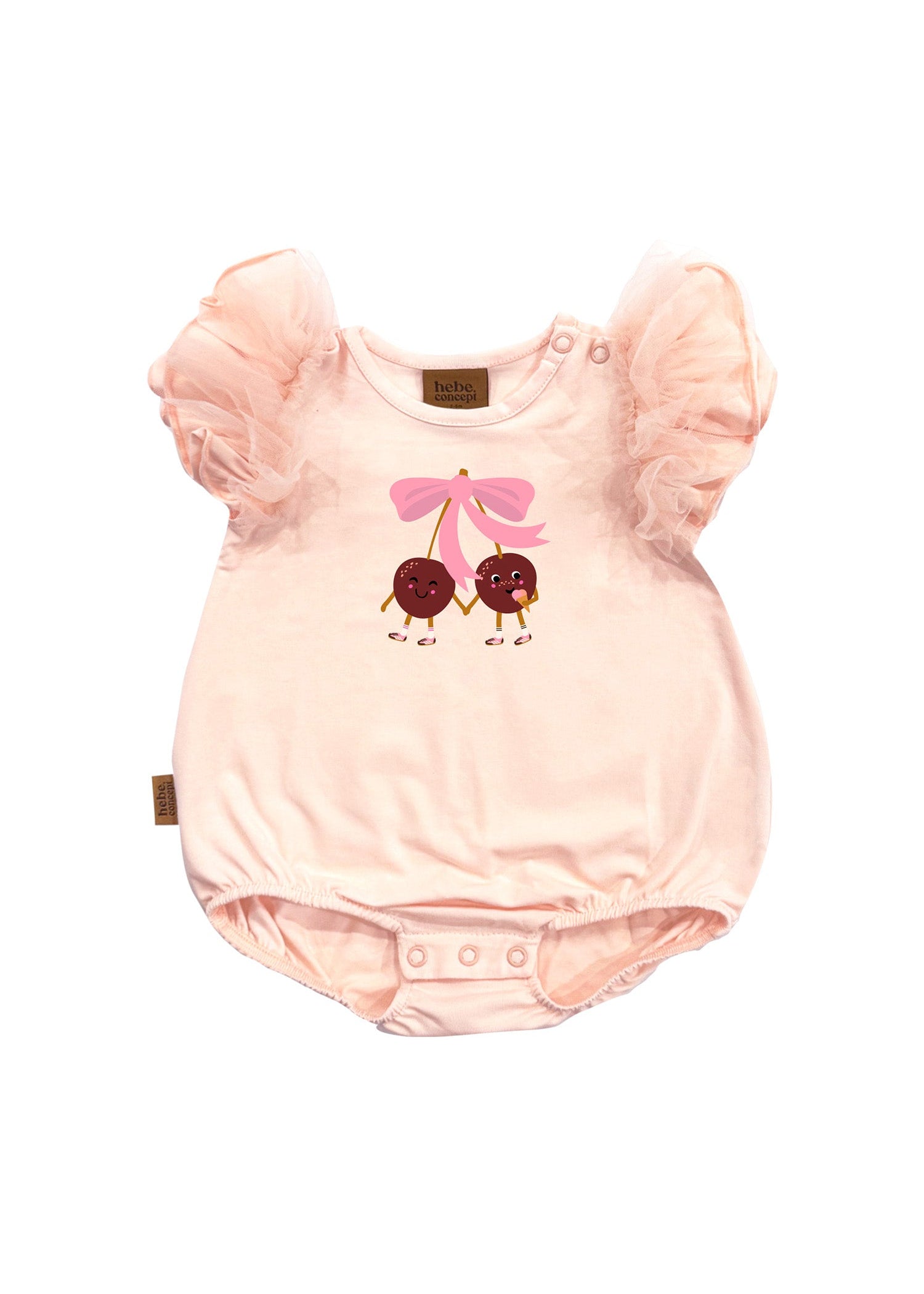 Baby girls pink romper with cherry print and tulle ruffle sleeves, princess style by Hebe