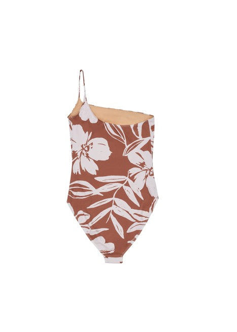 The New Society Desert swimsuit in beige – asymmetric silhouette, exclusive print, recycled fabric