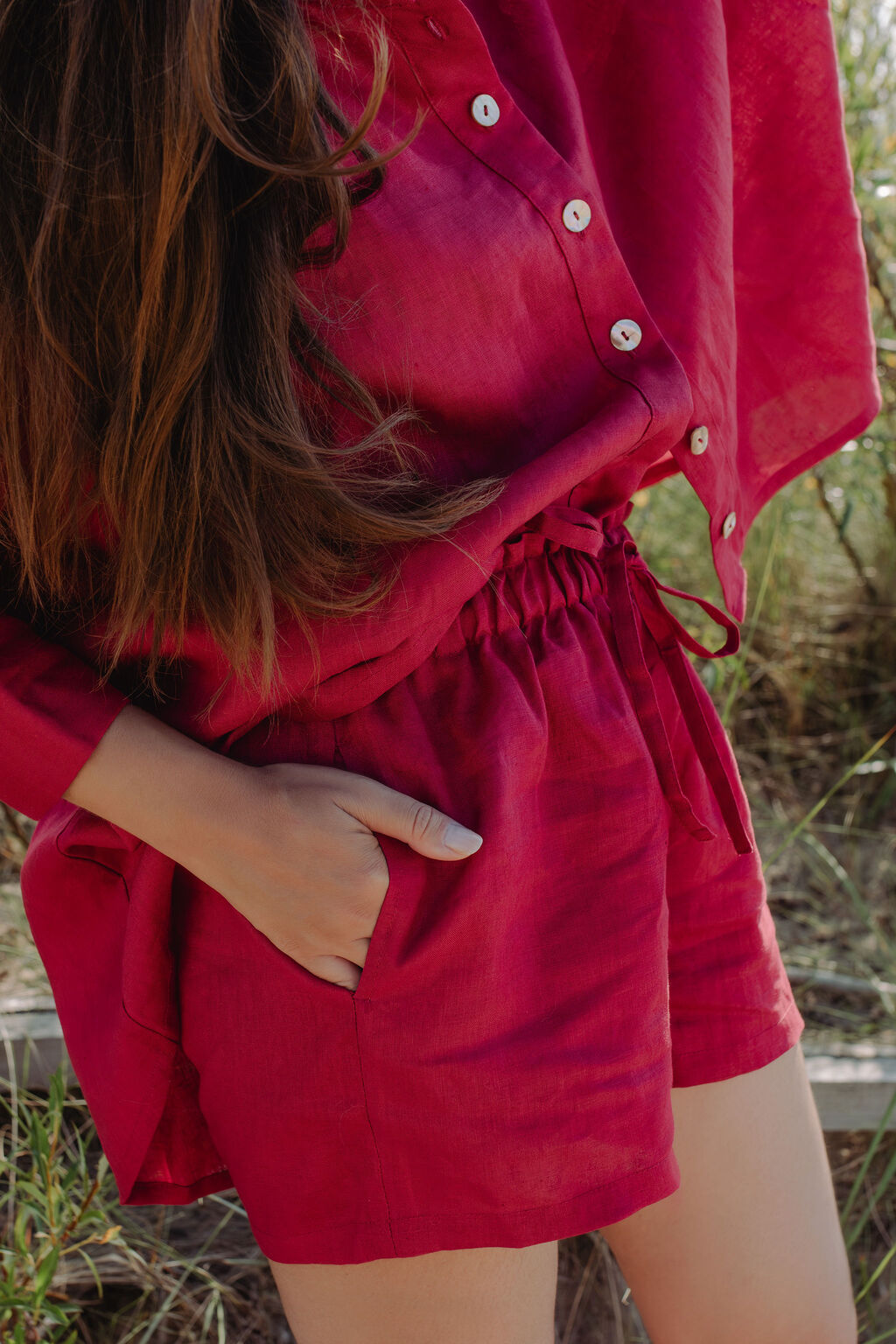 high quality women's linen set, red linen shorts with pockets for women from breathable linen