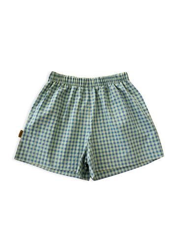 Shop women cotton shorts in a charming blue and green checkered pattern. The inclusion of pockets and an elastic waist, along with the vibrant checkered design, ensures both comfort and style for the season. Women summer set with shorts and blazers. Mini Me collections available for matching collections. 