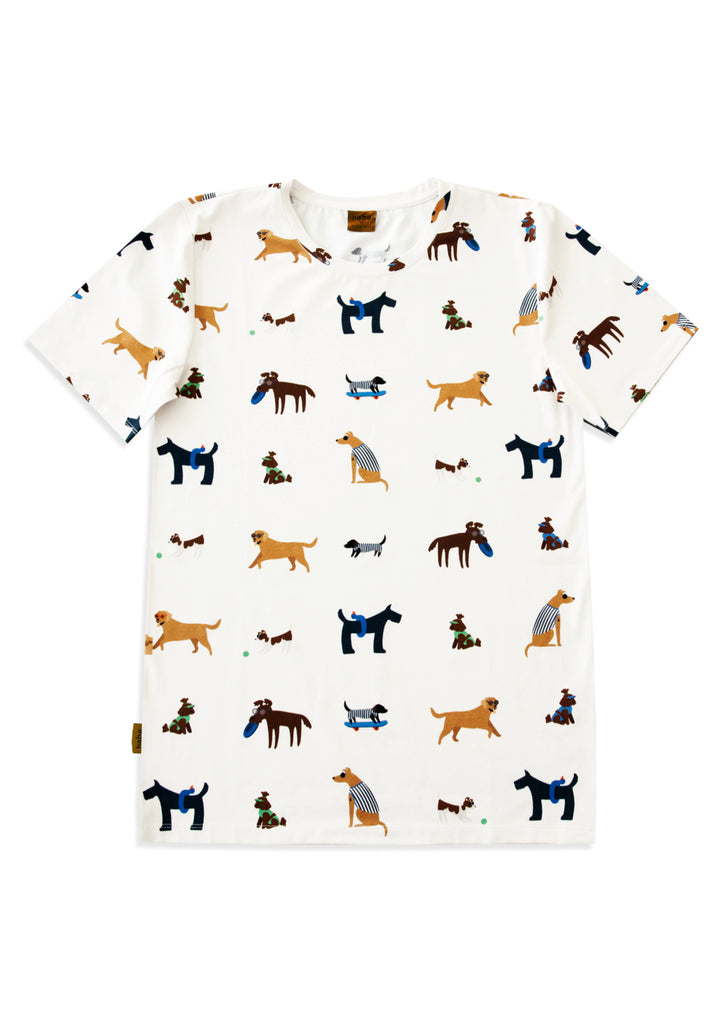 Shop this trendy and breathable men's t-shirt featuring a stylish dog print. Crafted with a breathable and lightweight off-white base, this t-shirt showcases charming holiday-themed dog prints. Family matching T-shirts and Daddy and Me matching clothing online at MiliMilu. The best gift for fathers day.
