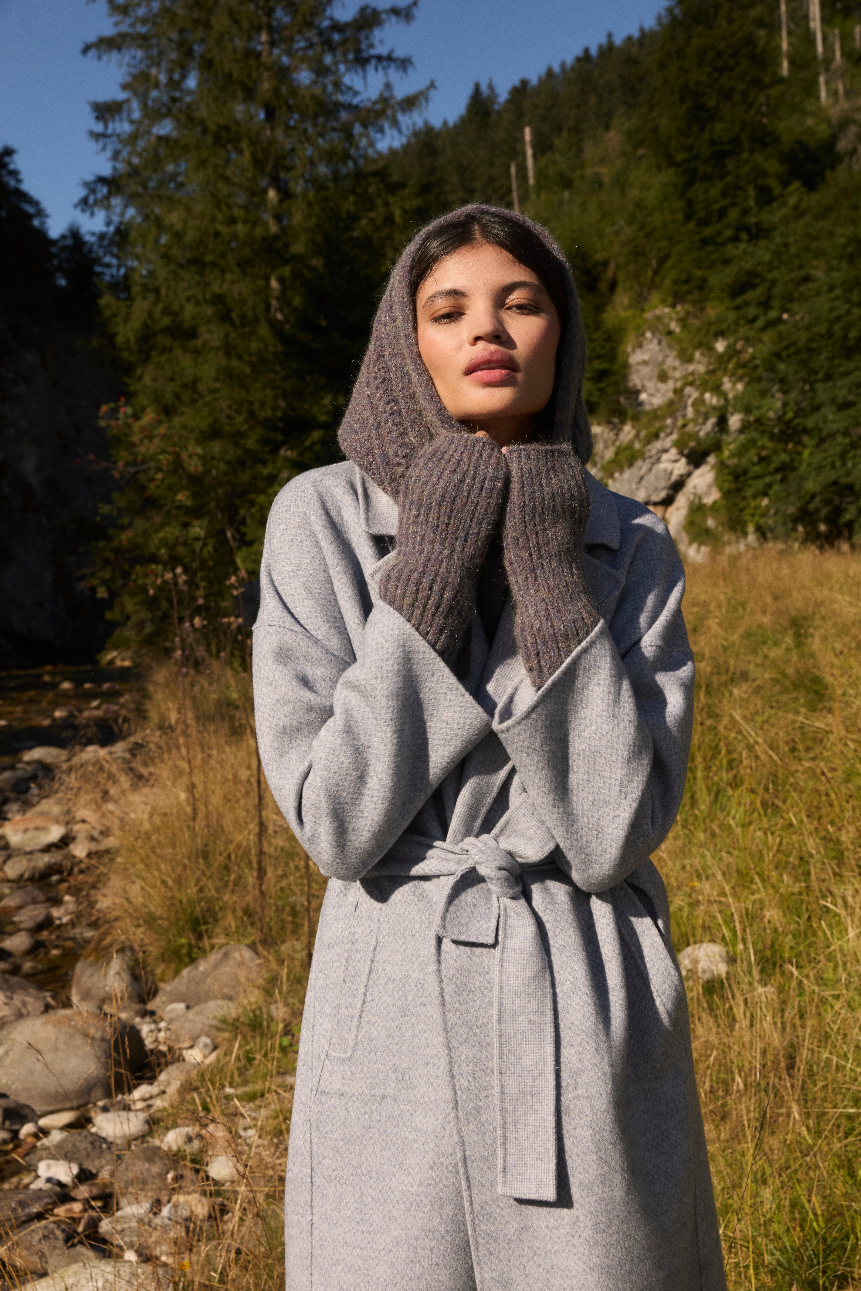 Sustainable women fashion from Louise Misha and women merino wool hood in storm colour. Practical and trendy women winter accesory, sustainable Christmas gift.