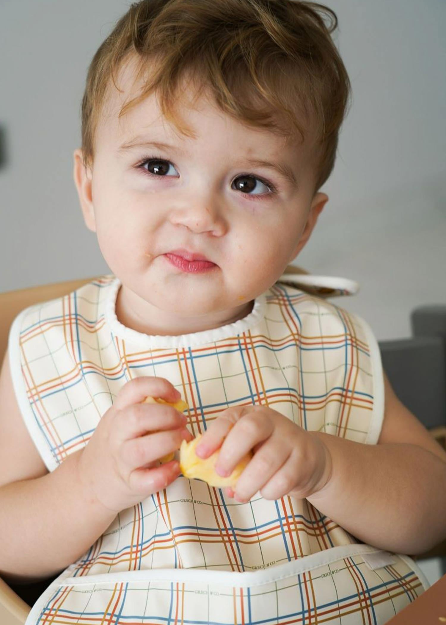Grech & Co. sustainable baby bib in plaid – recycled Oeko-Tex fabric, Hong Kong