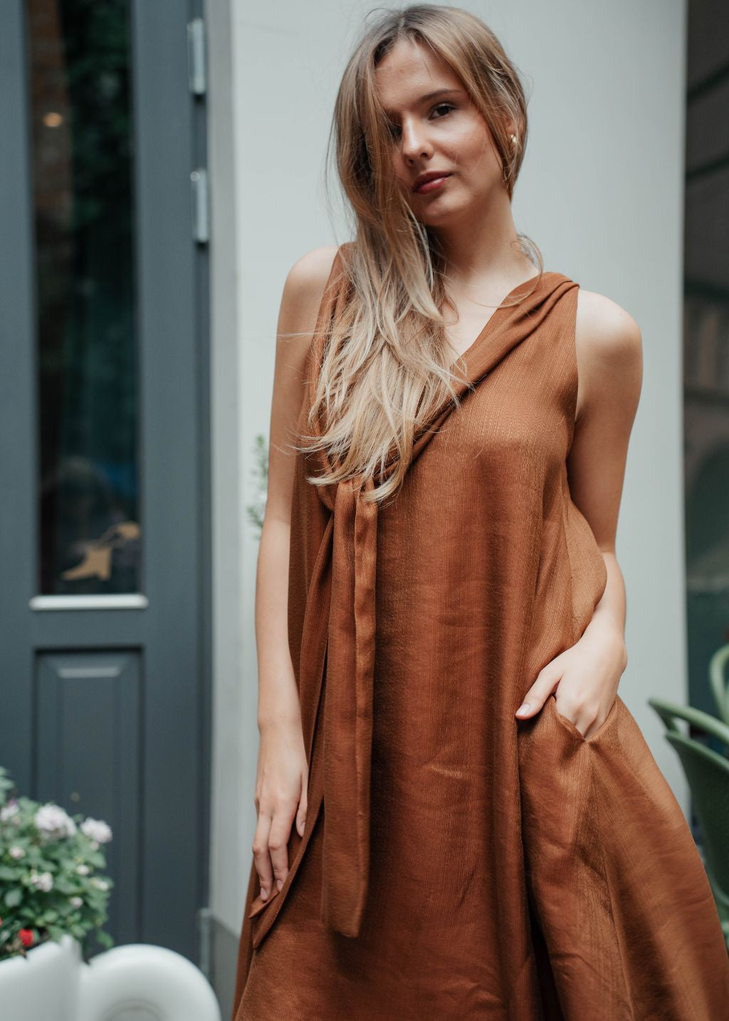 Caramel linen mini dress reversible design sustainable women fashion Hong Kong Singapore