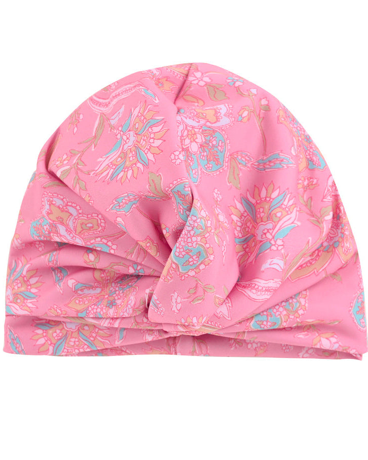 Girls wearing pink mallow turban swim cap - recycled SPF 50 protective fabric by Louise Misha