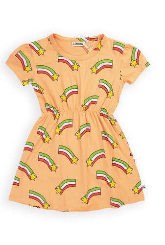 Shop organic cotton girl summer dress with shooting stars online. This organic cotton girls summer dress has short sleeves, perfect dress for the hot weather.