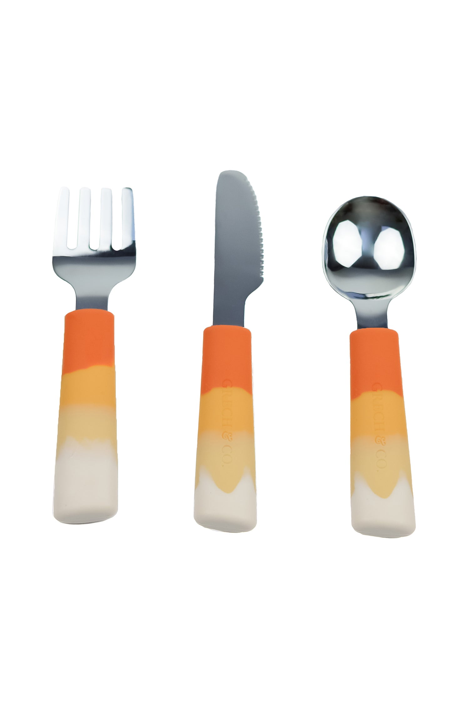 Cutlery sets for toddlers and kids for bbay lead weaning in orange colour online. Shop eco friendly silicon spoon for toddlers meal time for mess free meals.