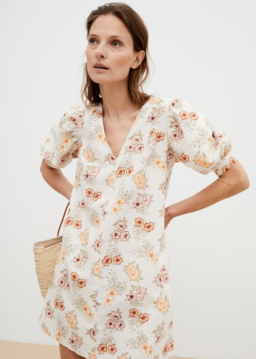 The New Society Palermo linen mini dress – front view, floral print, V-neckline, made in Portugal