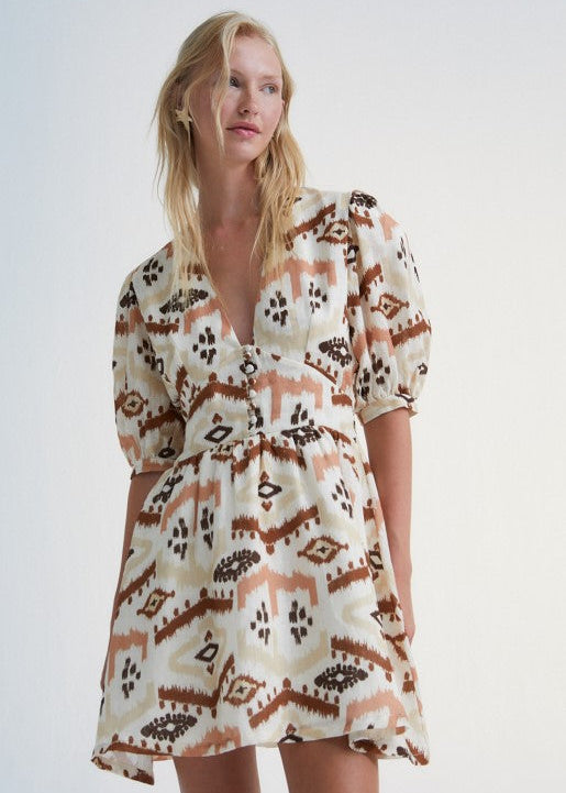 West linen mini dress by The New Society — v-neck, balloon sleeves, 100% linen, made in Portugal