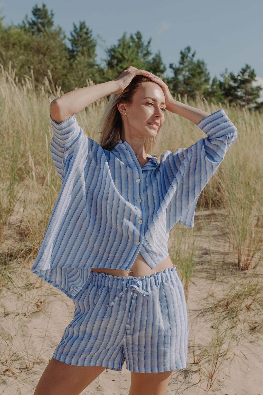 Comfiest and trendiest women linen shorts with blue and white stripes are perfect for everyday wear! Mommy and son matching shorts. Hight quality linen fashion.