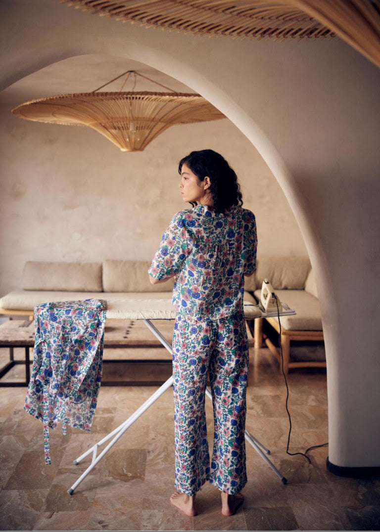 Organic cotton women's pyjamas Louka — Blue Summer Meadow floral print, loose fit