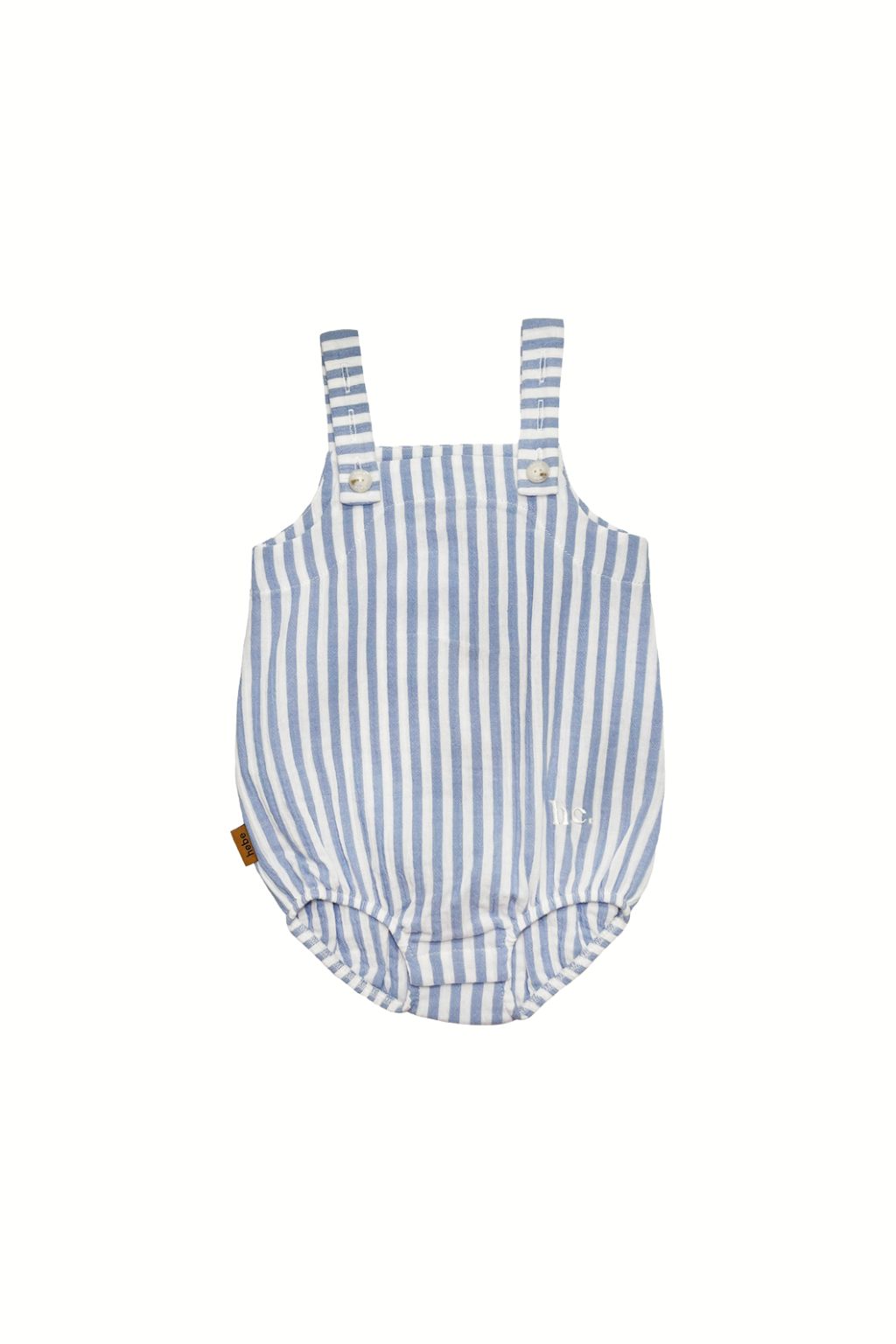 Organic cotton baby romper in blue and white stripes, Oeko Tex certified with adjustable straps for comfort