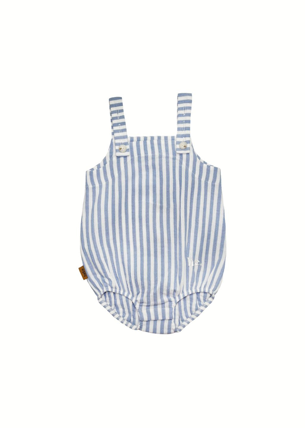 Organic cotton baby romper in blue and white stripes, Oeko Tex certified with adjustable straps for comfort