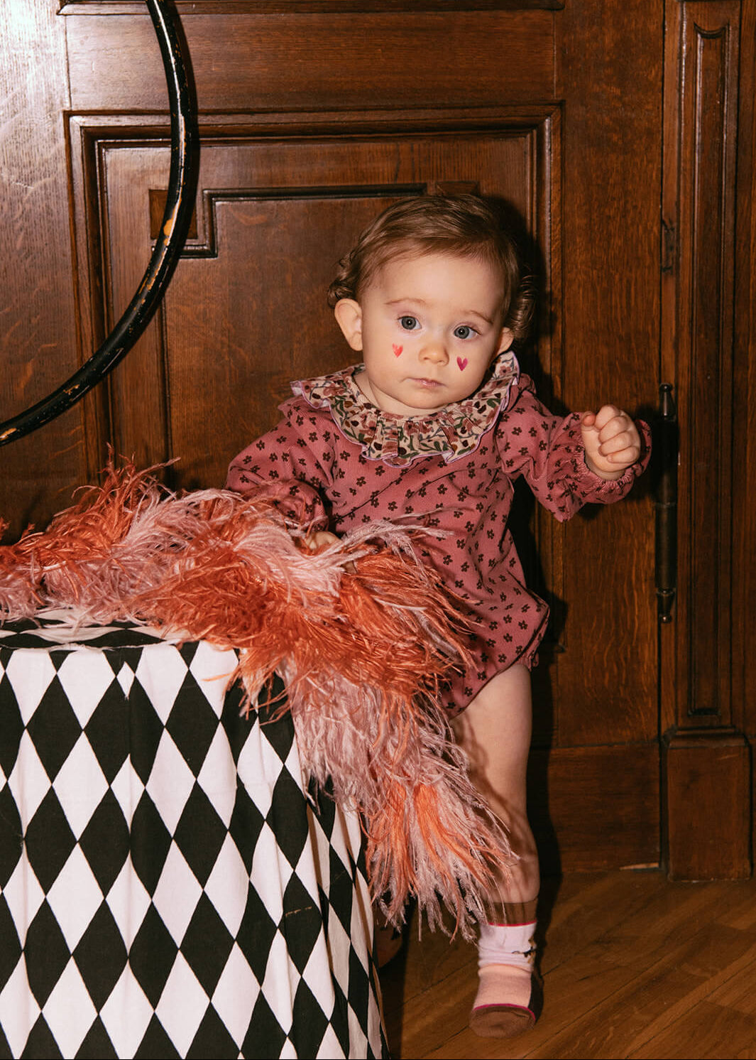 Baby Christmas outfit in pink velvet – Hebe sustainable festive romper shipped from Hong Kong