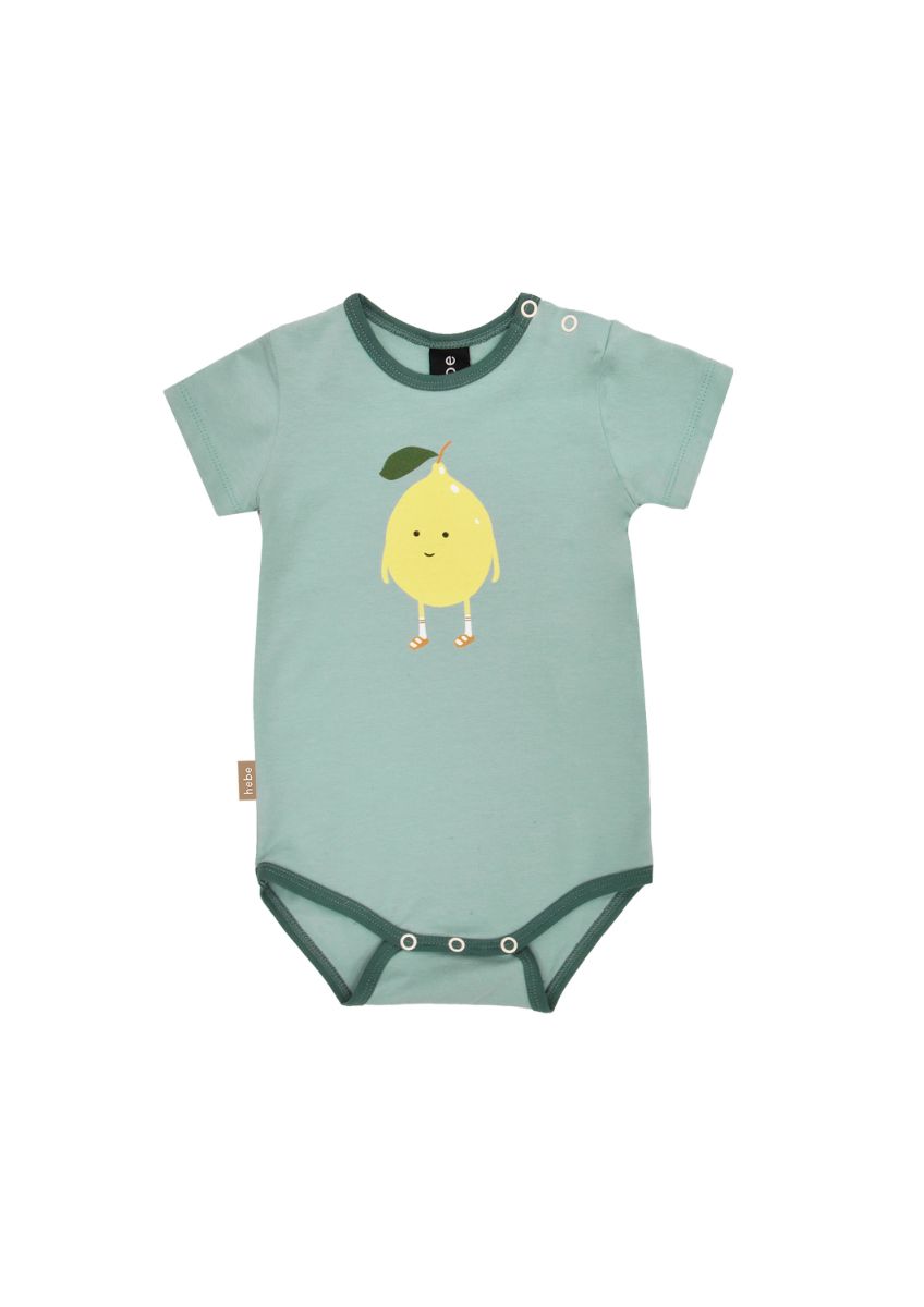 A breathable, organic cotton ( Oeko-Tex certification) baby body with lemon print. Mini Me fashion and baby matching, & family matching clothing with baby.