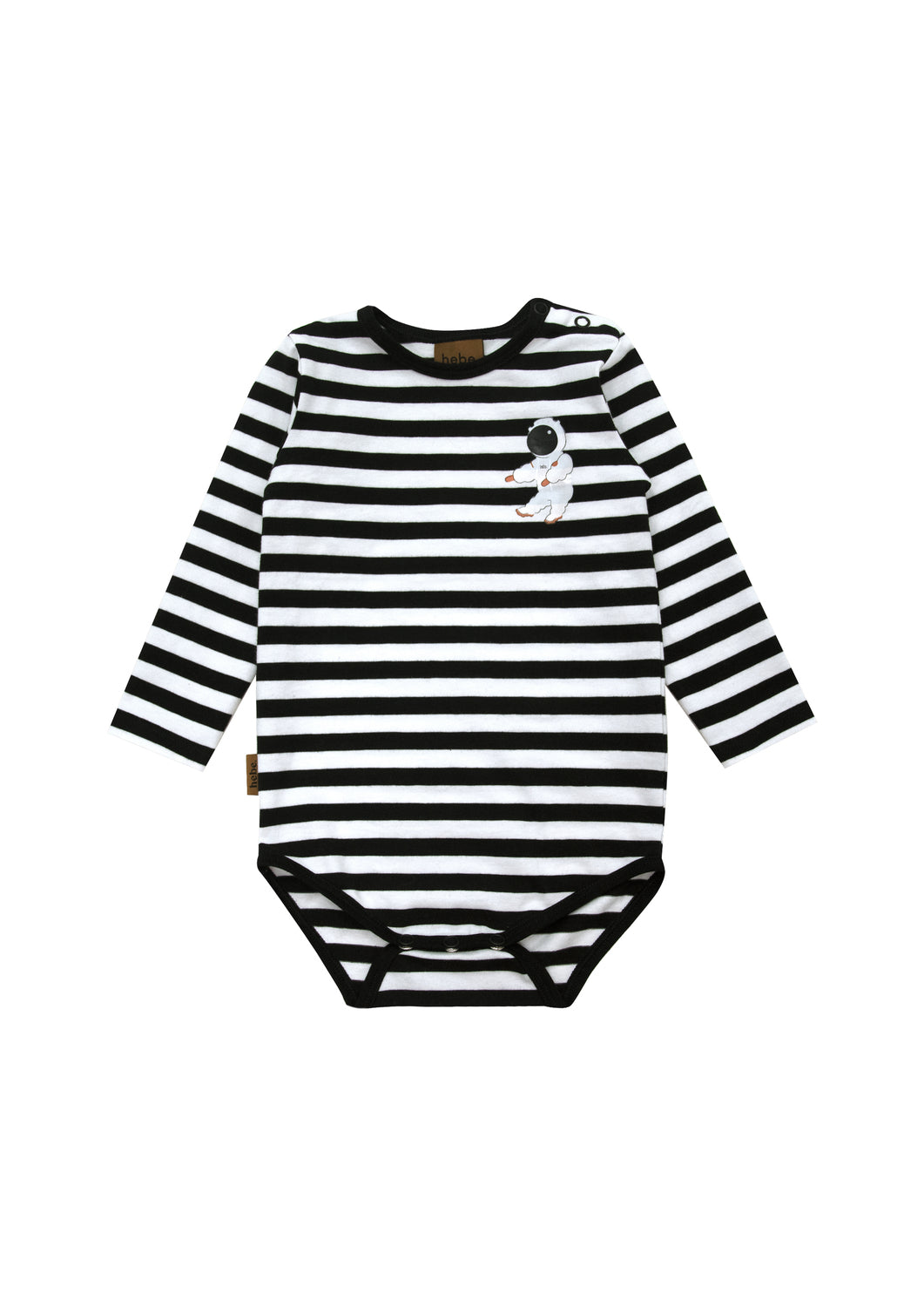 This bodysuite features black & white stripes with an astronaut print. Good for sensitive and eczema-prone skin in mind, this bodysuit is incredibly soft.