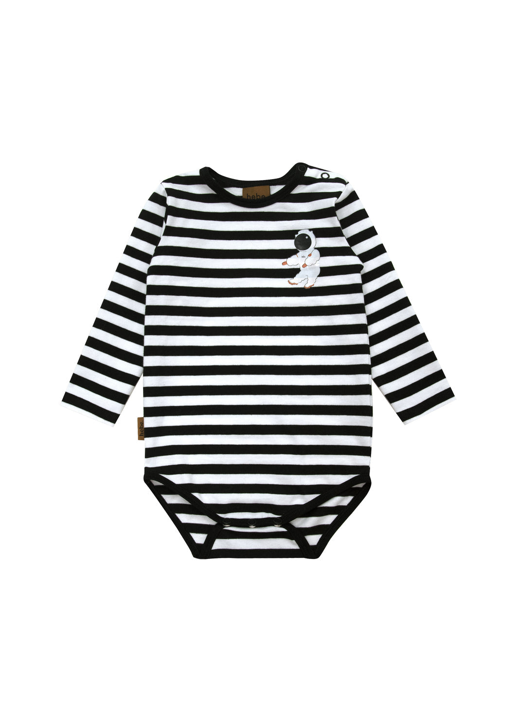 Black and white striped baby onesie with space theme - detail shot