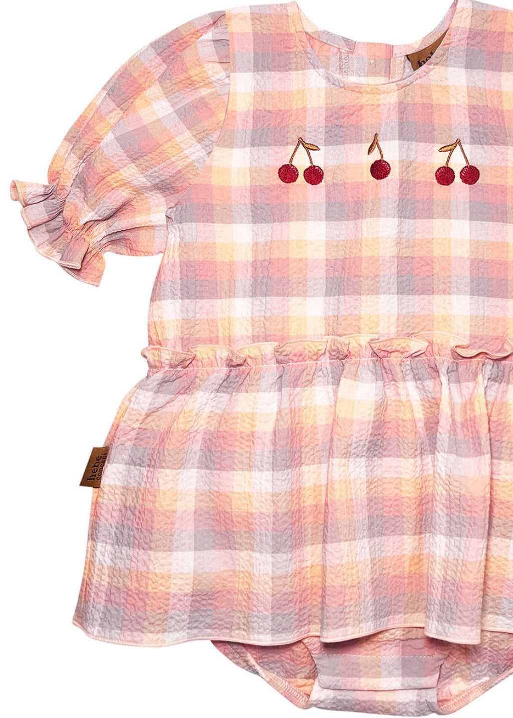 Organic cotton baby girl body dress in pink check pattern, back view showing snap openings for easy nappy changes