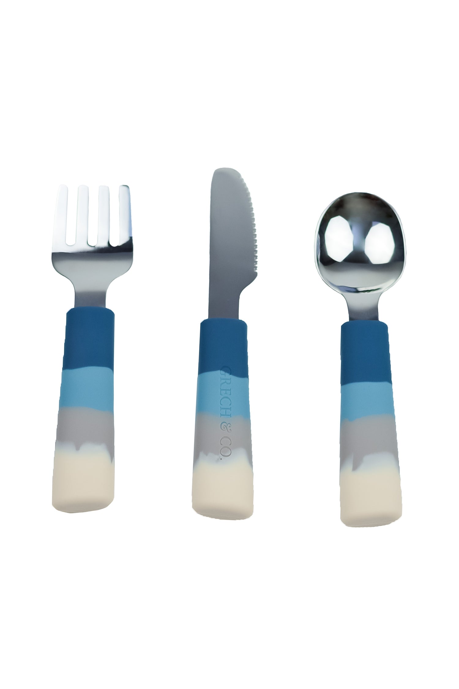This set of cutlery for toddlers in blue, making mealtimes less messy and more enjoyable. Made of 100% LFGB grade silicone and stainless steel for easy grip.