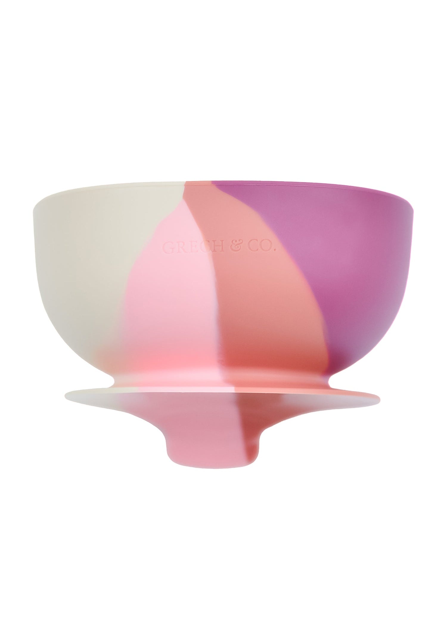 Side view of Grech & Co Blossom Ombre suction silicone bowl showing cream blush peach and mauve exterior and suction base on white background — BPA-free kids bowl at Milimilu