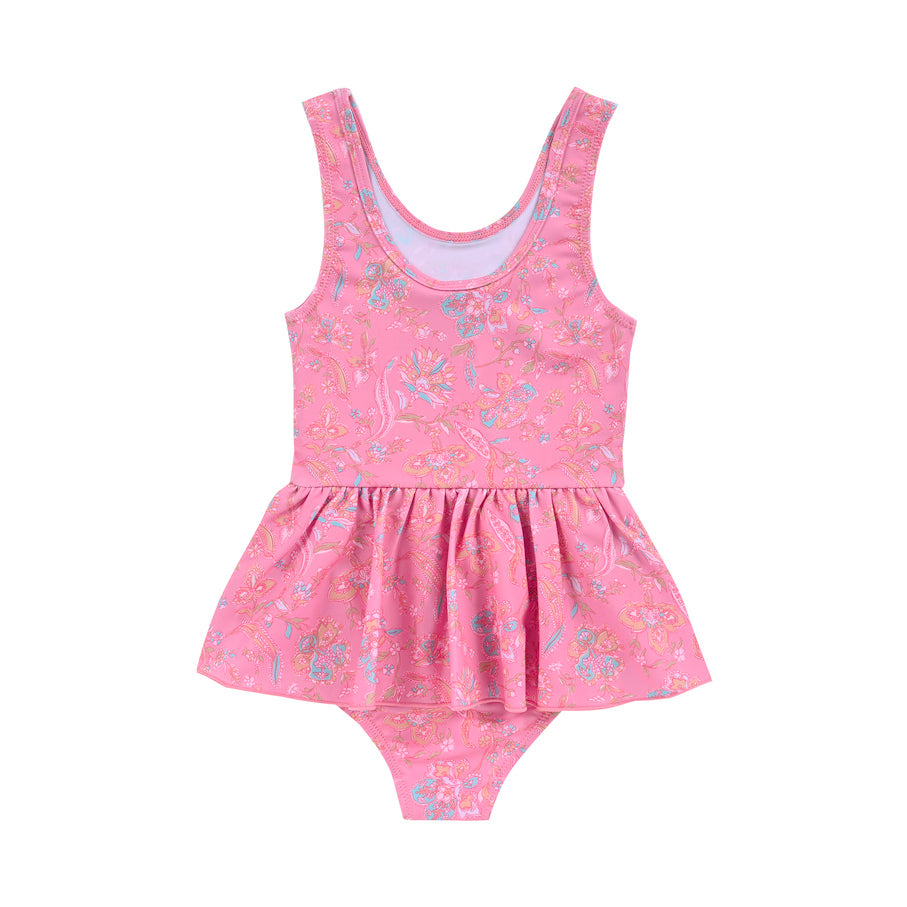 girls pink swimsuit in romance print is must have by Louise Misha. Made from SPF 50 sun-protective recycled fabric. Mini Me swimwear is available.