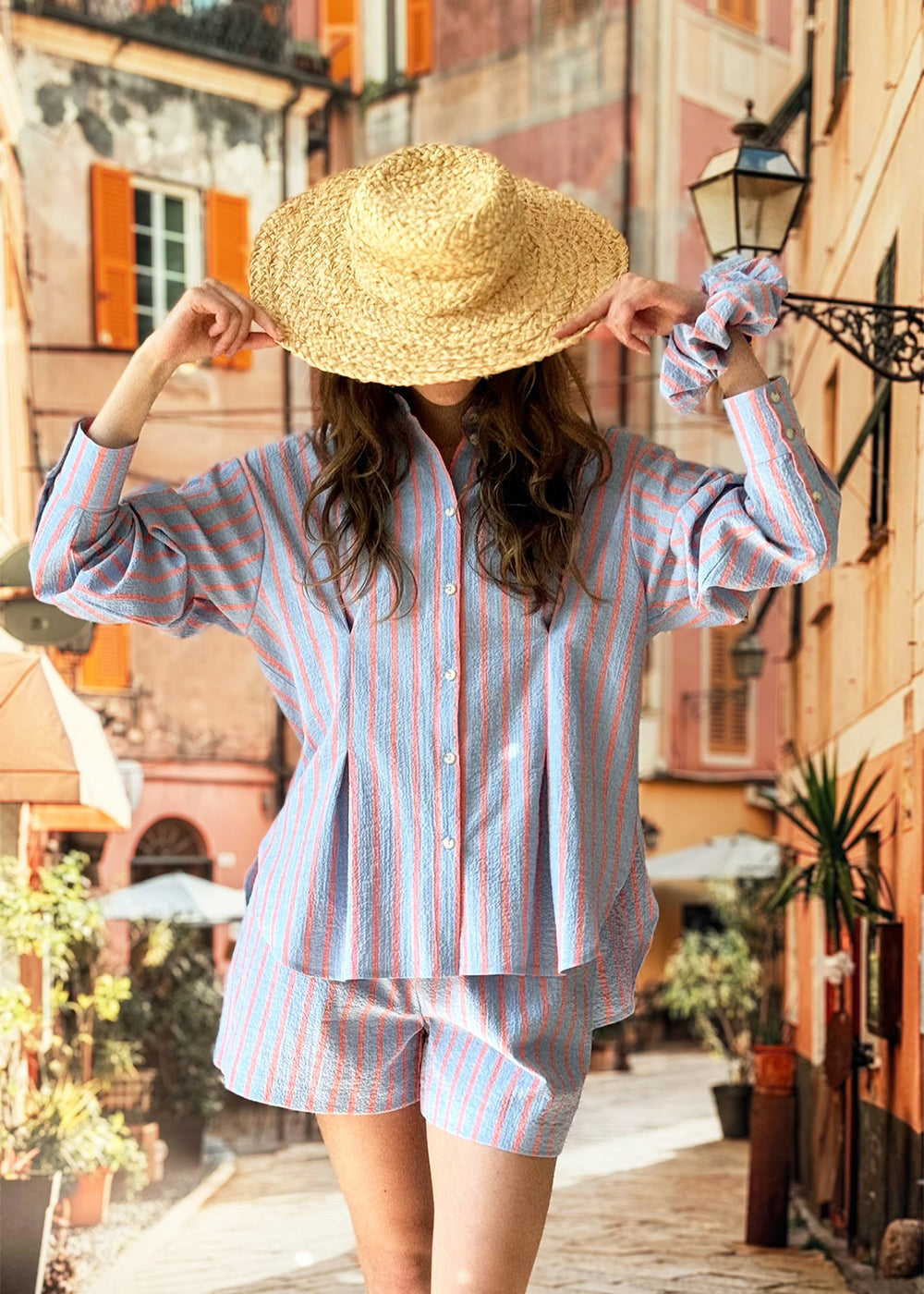 Women's blue and orange striped cotton shorts — OEKO-TEX certified, relaxed fit | MiliMilu HK SG AU UK JP