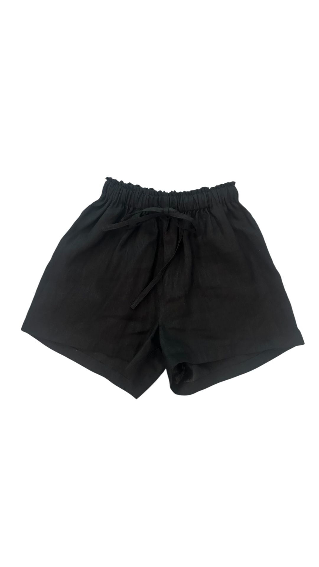 Women's black linen shorts with a drawstring waist and side pockets by MiliMilu.