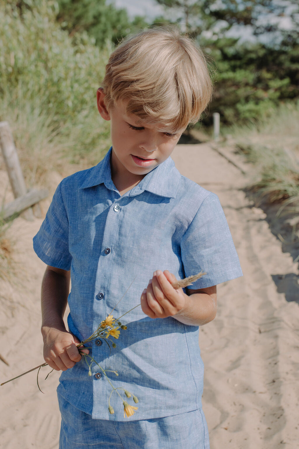 Premium blue linen shirt for boys, front view showing comfortable fit and breathable fabric.