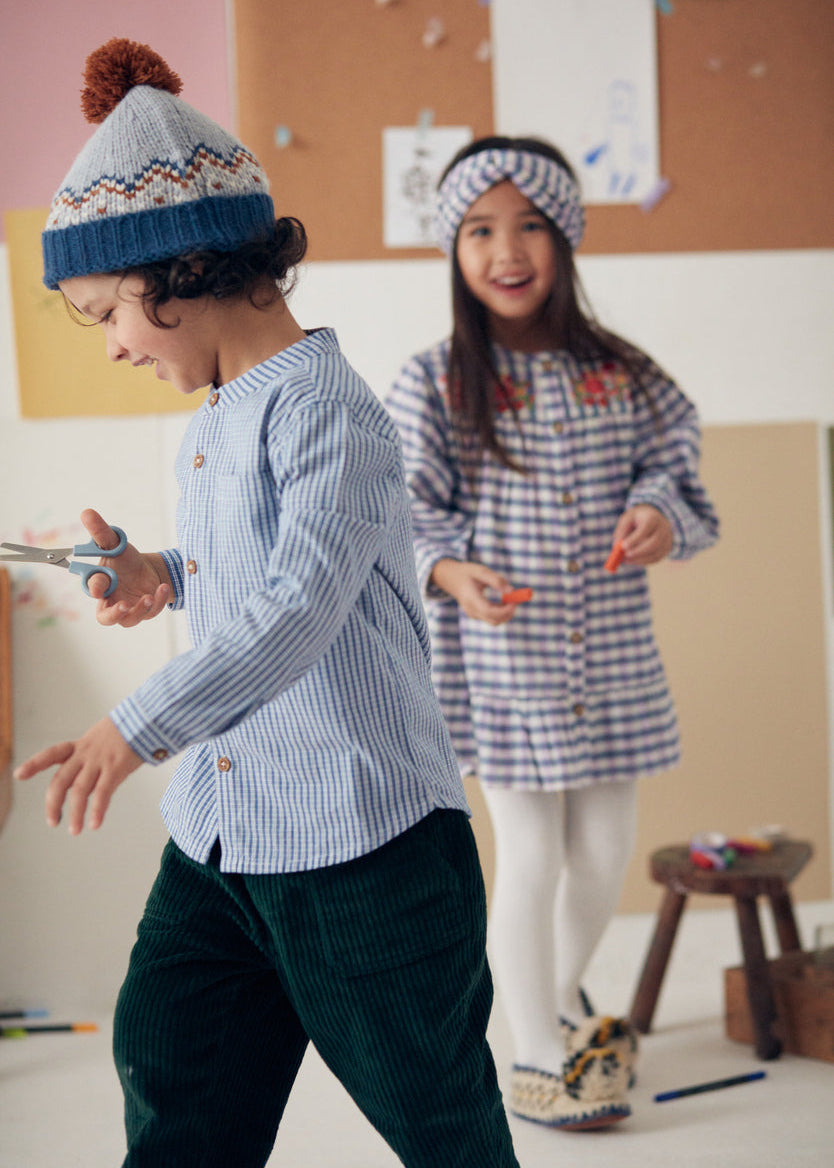 Front view Amod boys shirt Blue Sonnet - Mao collar organic cotton checkered pattern