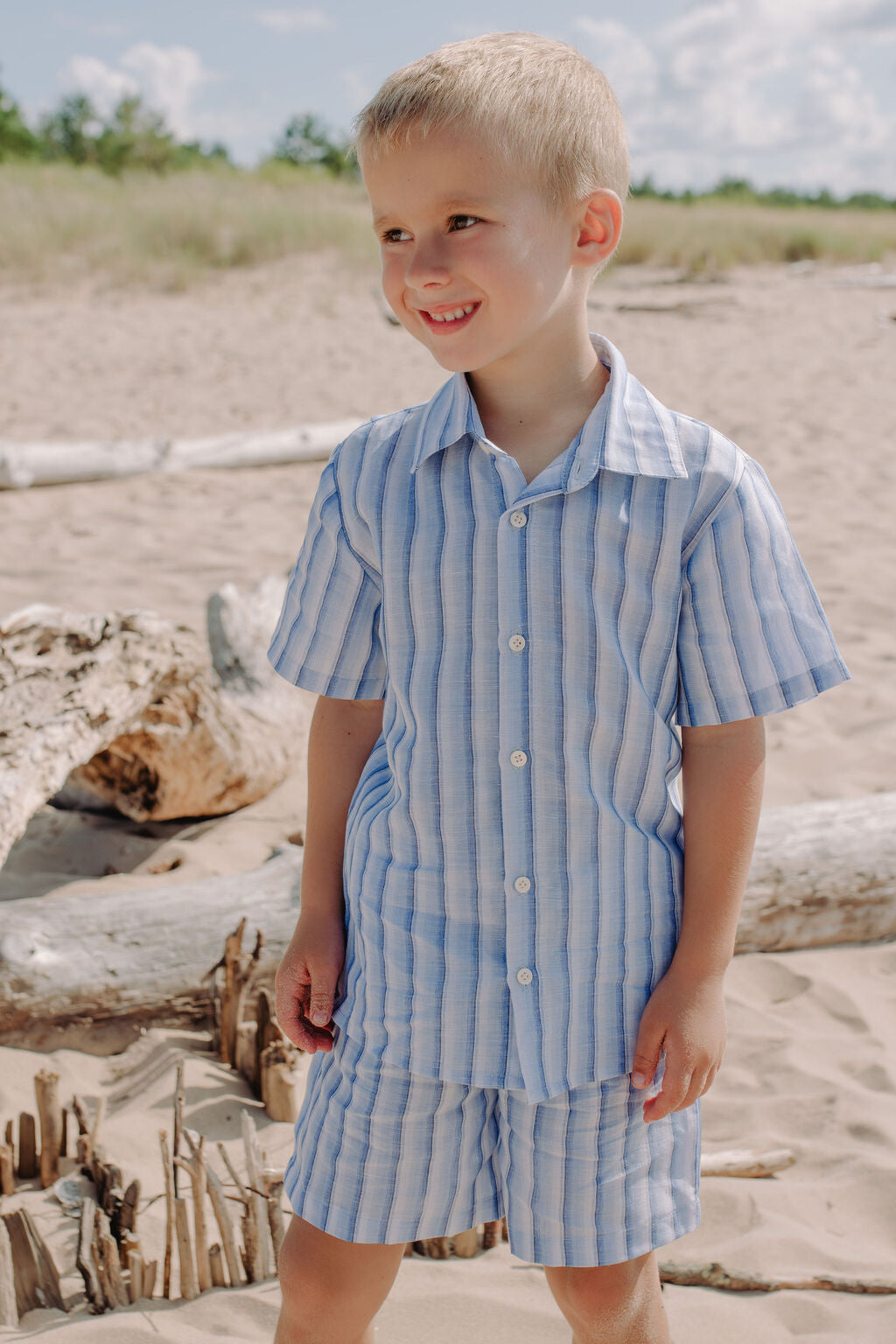Breathable linen shirt for boys blue and with white stripes, pair it with boys linen shorts for boys linen set. Mommy and sont matching is available.