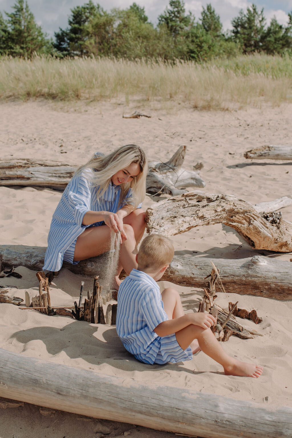 Breathable and extra comfortable boys linen shorts with blue and white stripes. Shop sustainable kids clothing and Mommy and Me fashion for boys.