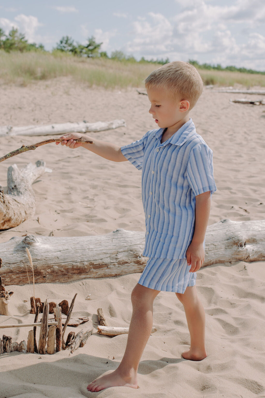 Breathable linen shirt for boys blue and with white stripes, pair it with boys linen shorts for boys linen set. Mommy and sont matching is available.
