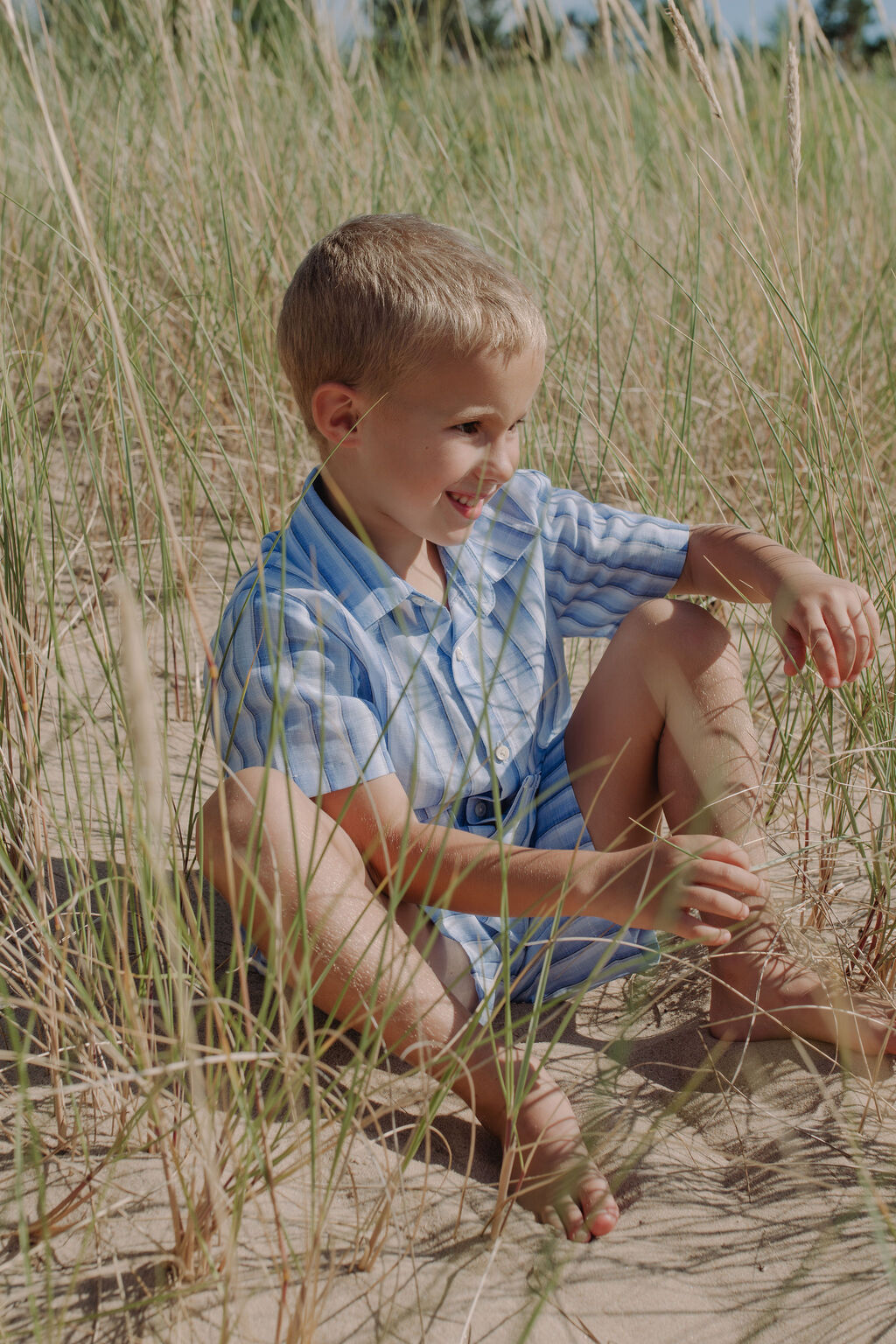 Breathable linen shirt for boys blue and with white stripes, pair it with boys linen shorts for boys linen set. Mommy and sont matching is available.