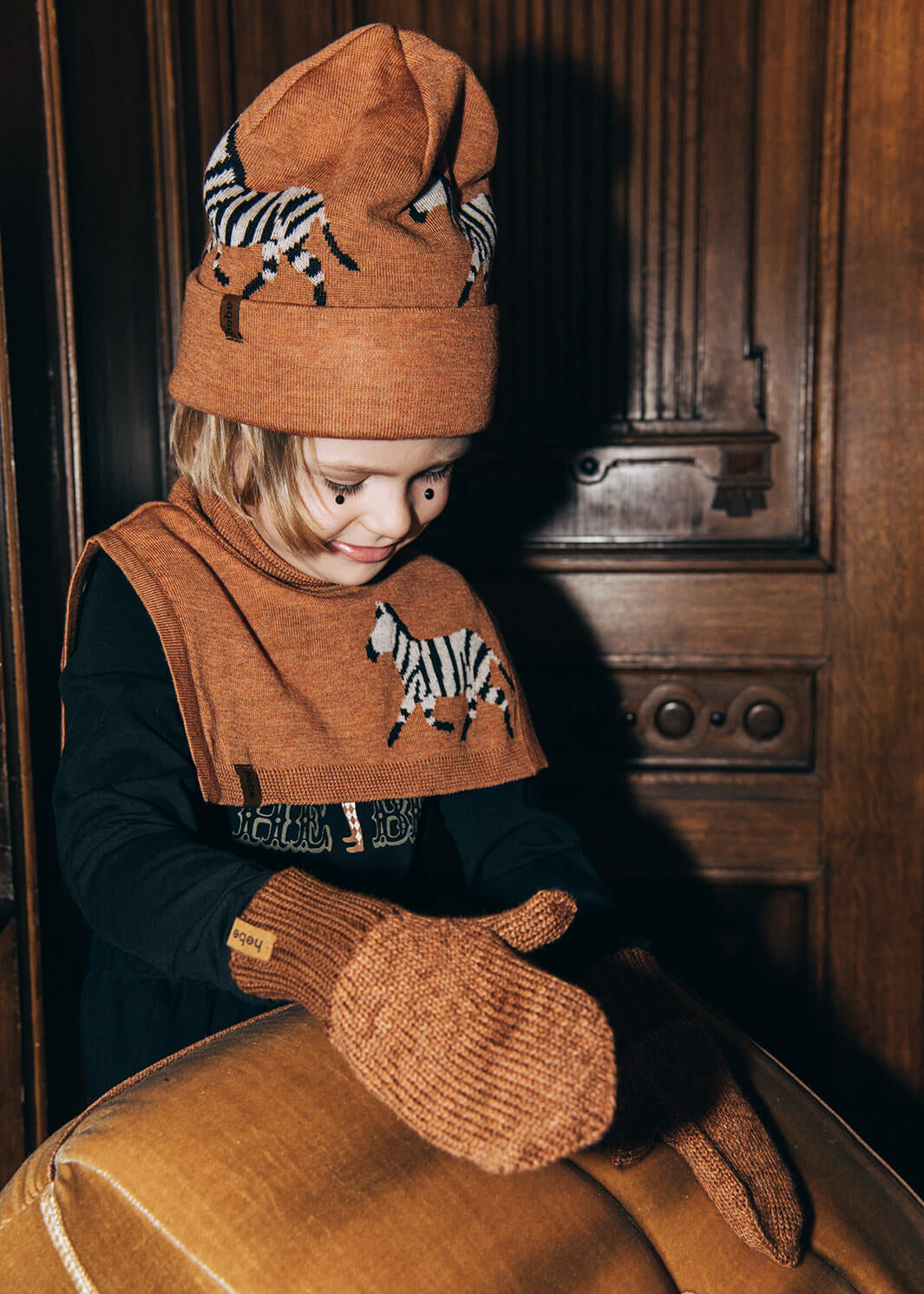 Brown merino wool kids hat with zebra design - gender neutral winter beanie for Hong Kong Singapore Australia