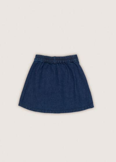 Girl denim skirts in blue are lightweight and perfect for hotter climates- made with 100% BCI cotton with flower embroidery. Mini Me denim skirts are available.