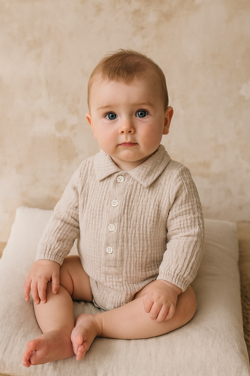 Baby boy wearing light gey muslin baby romper
