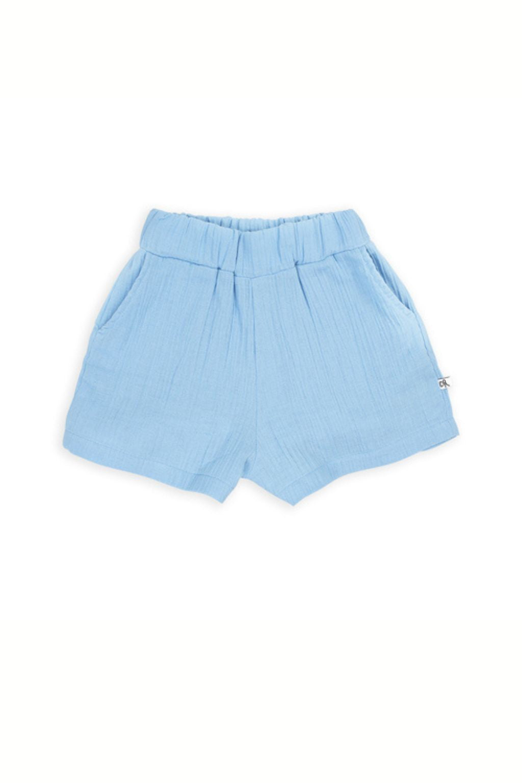 Shop organic muslin shorts with a light blue & pockets online at MiliMilu. They are made with organic cotton muslin, breathable and extra light for summer.