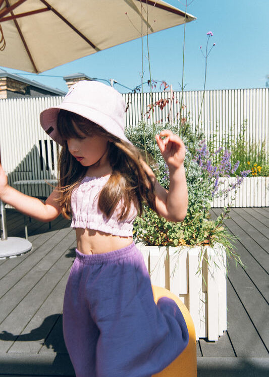 Girls bucket hat in lilac linen - lightweight sun protection for Hong Kong Singapore Australia