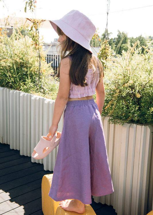 Hebe lilac bucket hat side view - 100% linen kids summer hat with pear embroidery