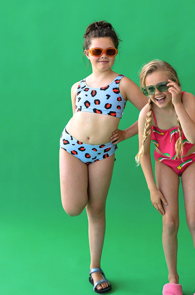 Leopard print girl bikini and tween bikini online. Eco friendly kids bikini, made from recycled materials and with UPF 50. Shop the best kids summer clothing.