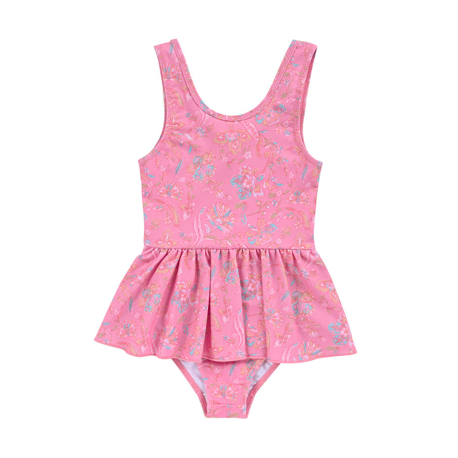 girls pink swimsuit in romance print is must have by Louise Misha. Made from SPF 50 sun-protective recycled fabric. Mini Me swimwear is available.