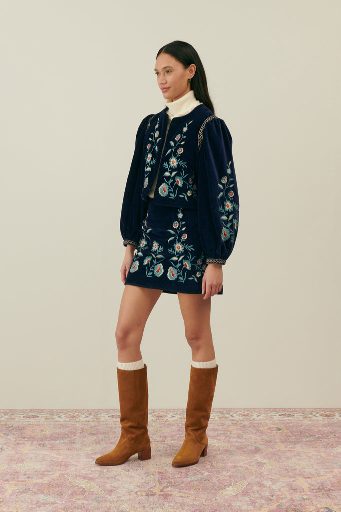 The high waisted skirt is must have womans sustainable wardrobe, made with organic cotton in a midnight color, this skirt features velvet texture with embrodery