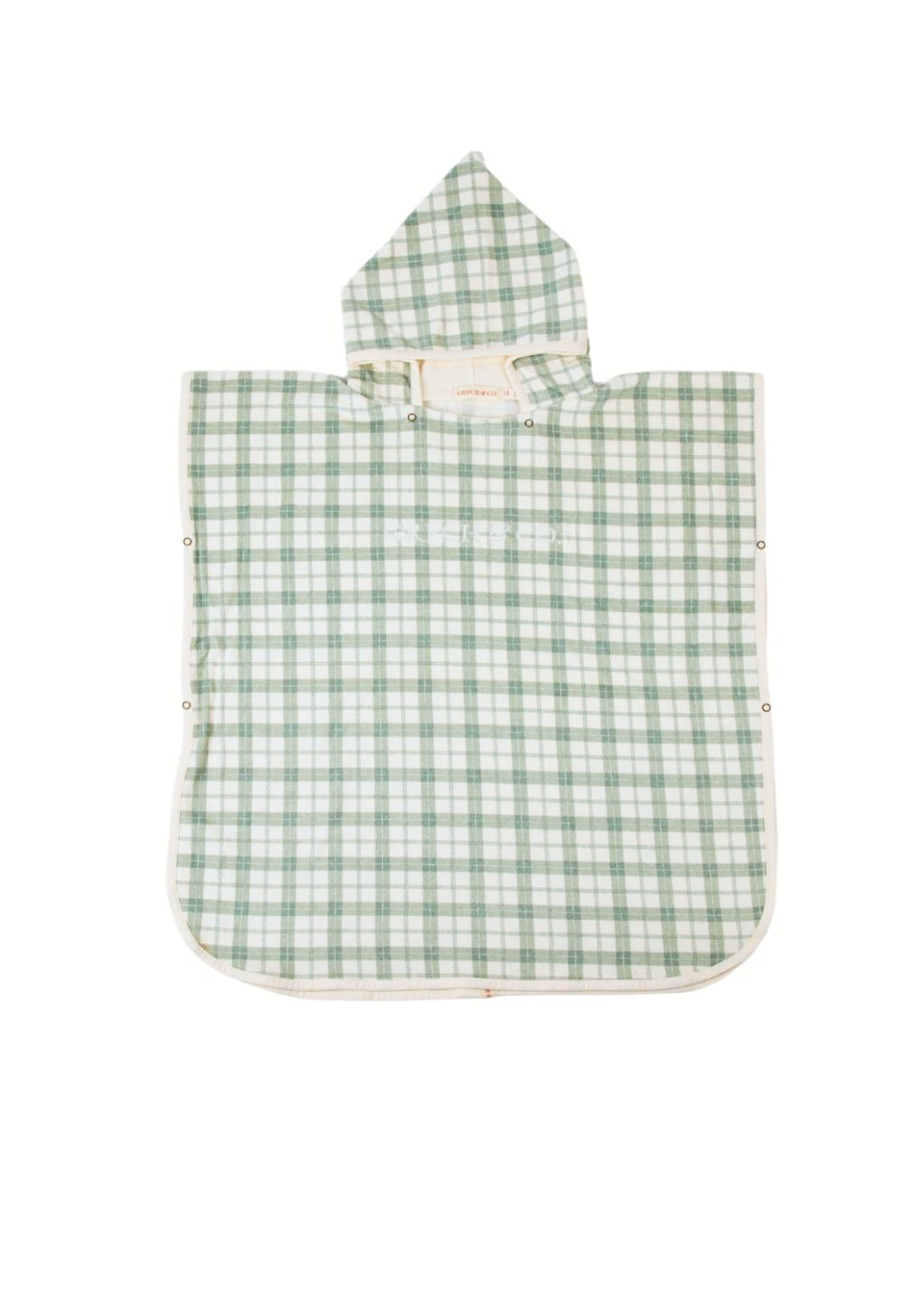 Close-up of fern green checkered kids towel poncho showing retro plaid pattern