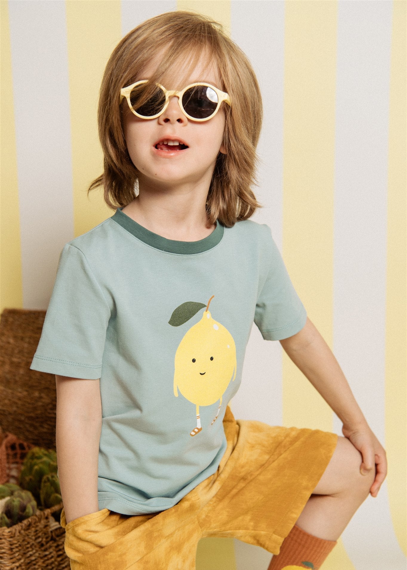 Kids' OEKO-TEX organic cotton T-shirt in mint green with lemon print — Hebe Gusto d'Italia collection