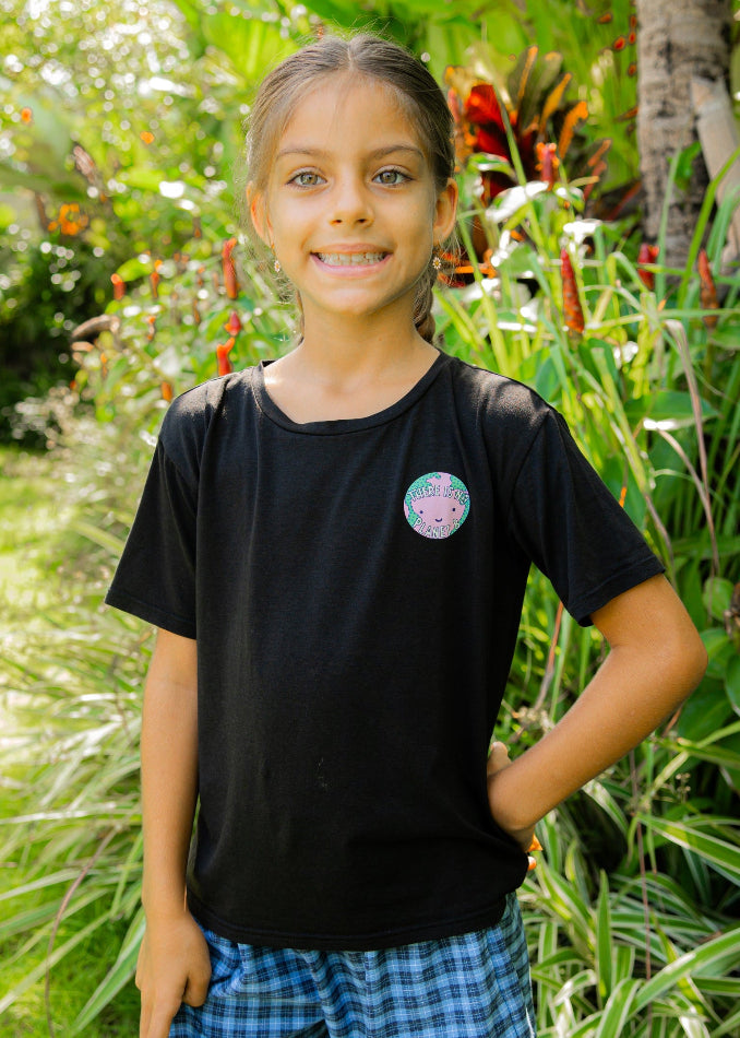 Kids wearing black bamboo t-shirt with 'There is no planet B' environmental message