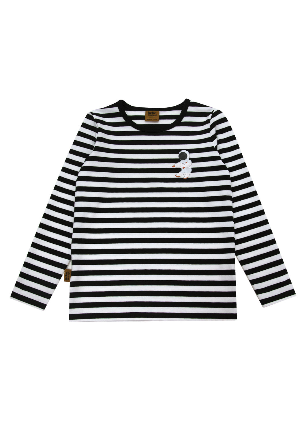 Black and white striped kids shirt with space theme - detail shot